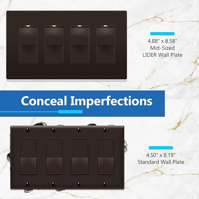 LIDER Matte Finish Decorator Switch Cover, Screwless Wall Plate, Mid-Size 4-Gang 4.88" x 8.58", Unbreakable Polycarbonate Thermoplastic, UL Listed, LSWP-34M-BR, Brown