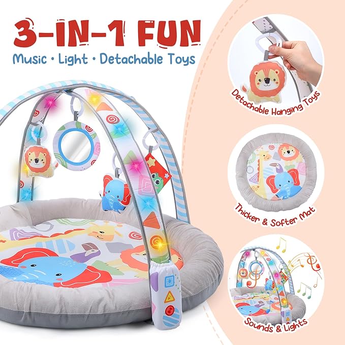 CUTE STONE Baby Play Gym & Tummy Time Mat with Lights, Sounds, Detachable Toys, Adjustable Volume Activity Gym Baby Mat for Infant Sensory & Motor Development, Newborn Baby Gift
