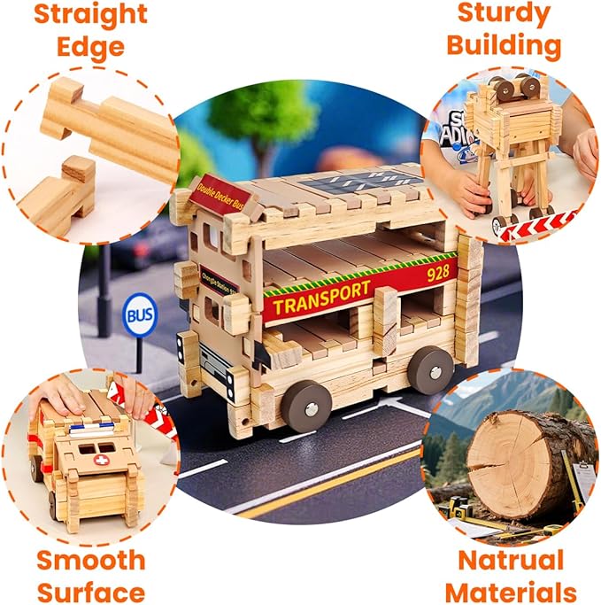 Jovi-mindly＆Notchies Space Wooden Blocks Set 101 PCS Create 40+ Shapes,Toys Educational Wooden Building Blocks Puzzles for Kids Ages 5-8 Boys and Girls,Truck/Excavator,FSC Certified