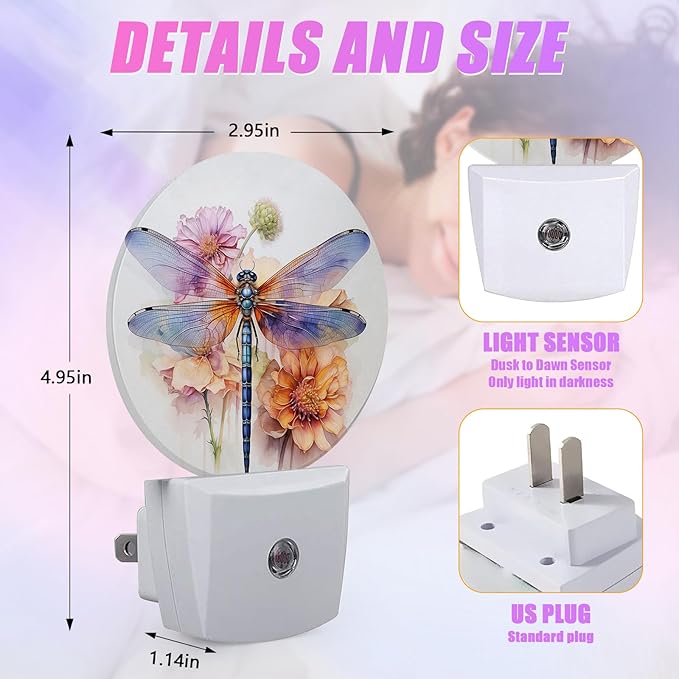 Dragonfly Night Light Watercolor Floral Night Lights LED Lamp Round Plug into Wall Nightlight with Dusk to Dawn Sensor Home Hallway Stairway Kitchen Decor