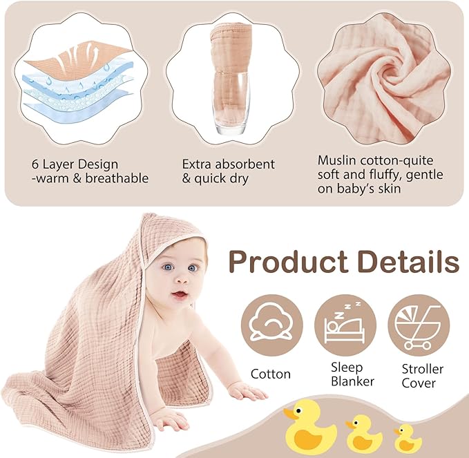 Peryiter 4 Pcs Muslin Hooded Baby Towels, 32"x 32" Cotton Newborn Bath Towel Muslin Infant Baby Blankets Absorbent Unisex Christmas Registry Gift Essentials for Girls Boys (Coffee)