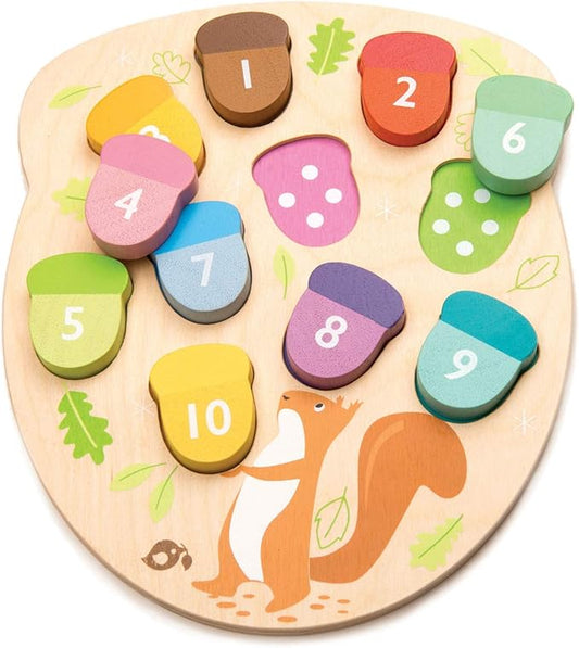 Tender Leaf Toys - How Many Acorns? - Count to 10 Number Wooden Puzzle Game - Counting, Sorting Activity Game for Children, Playroom, Montessori, Classroom, & Activity Room Toys