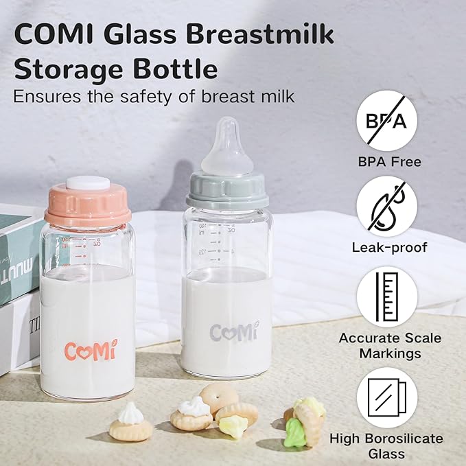 COMI Natural Glass Baby Bottle,Standard Neck Breastmilk Storage Bottle for Fridge,Breast Milk Container,Breast Pump Bottle Compatible with Medela Breast Pump,BPA Free,6PCS (5oz,3 Gray+3 Pink)