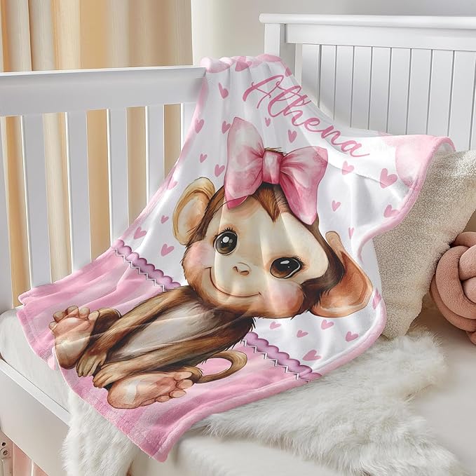 Personalized Baby Blanket for Girls, Custom Baby Blanket with Name, Soft Cozy Personalized Name Blankets for Kids, Customized Monkey Blanket for Infant Toddler Birthday Christmas