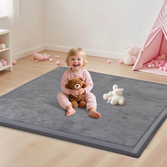 Baby Play Mat for Floor, 1.3" Thick Memory Foam Muscle Playpen Cushion, Soft Coral Velvet Tummy Time Mat with Non-Slip Backing, Water Repellent Child Nursery Rug for Toddlers, Kids (Dark Grey, 39X59)
