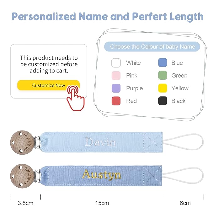 TYRY.HU Personalized Pacifier Clip with Name, Embroidery Pacifier Holder for Baby Girls and Boys, Neutral Binky Clips Universally Fit All Pacifiers & Baby Toys, Baby Gift, 2 Pack(Blue,Light Blue)