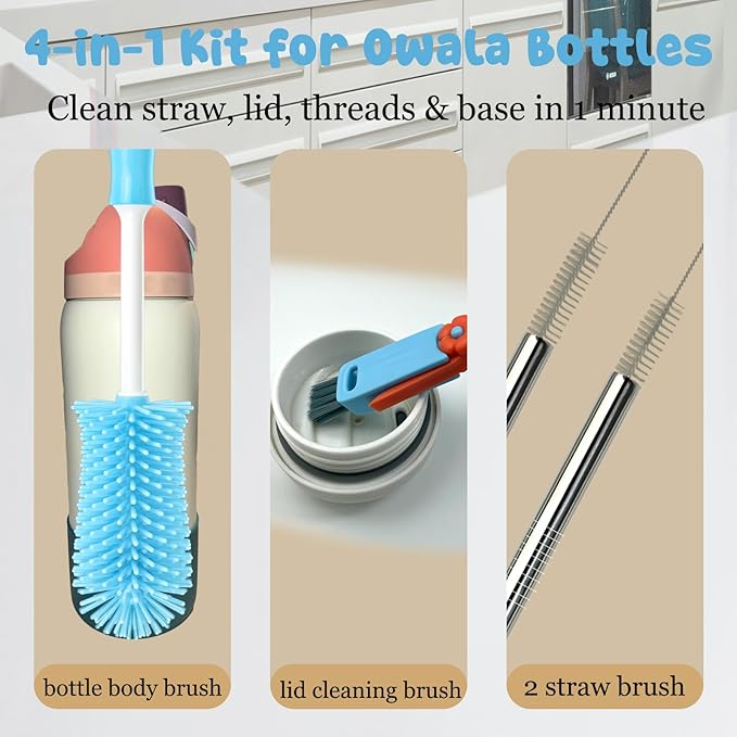 4 Pack Water Bottle Cleaning Kit Straw Cleaner Bottle Brush Cleaner for Owala FreeSip 24oz/32oz/40oz, Silicone Long Brush for Owala, Sport Bottles, Water Bottles, Coffee Mugs