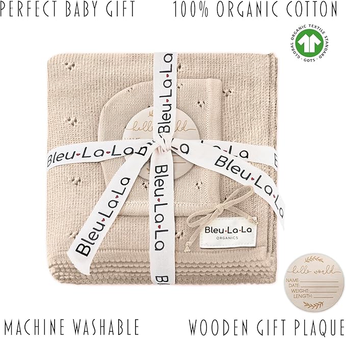 Organic Pointelle Baby Blanket + Hat Gift Set for Boys & Girls - 100% Soft Luxury Cotton Swaddle Blanket + Bonnett Registry for Newborns & Infants (Oatmeal + Hat)