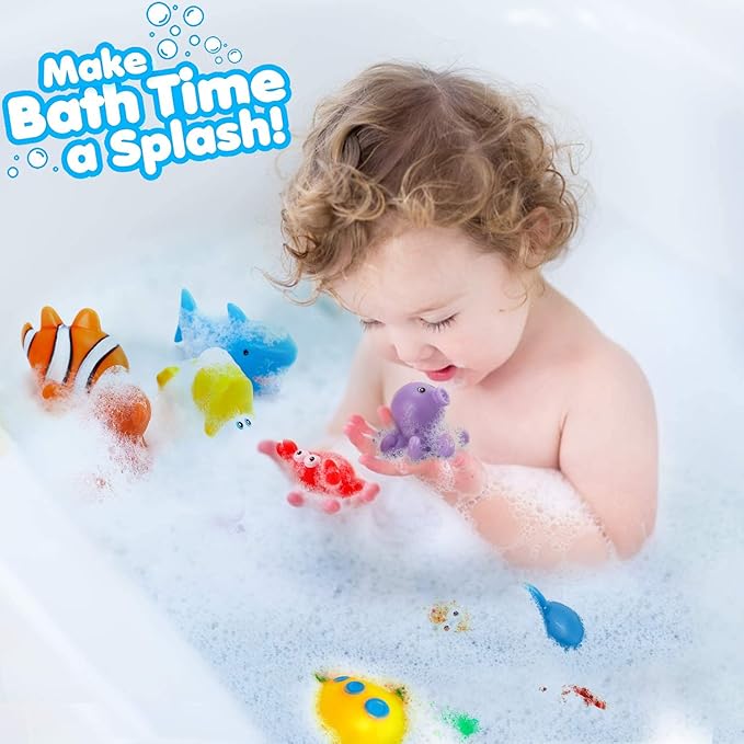 15 PCS Ocean Animals Rubber Bath Toy Water Squirters with Floating Bathtub Squeeze and Play Soft Sea Creatures anf Fishing Net for Baby, Toddlers and Kids