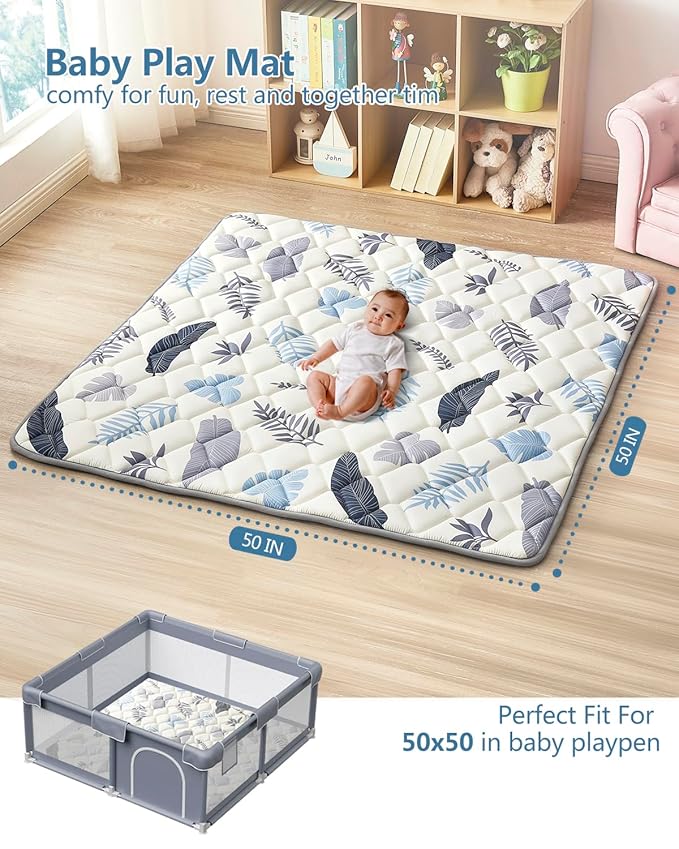 Baby Play Mat 50"x50", Non-Slip Baby Mat for Floor, Soft Thicker, Portable Playmat, Crawling Mat for Babies, Toddlers & Infants to Play and Learn