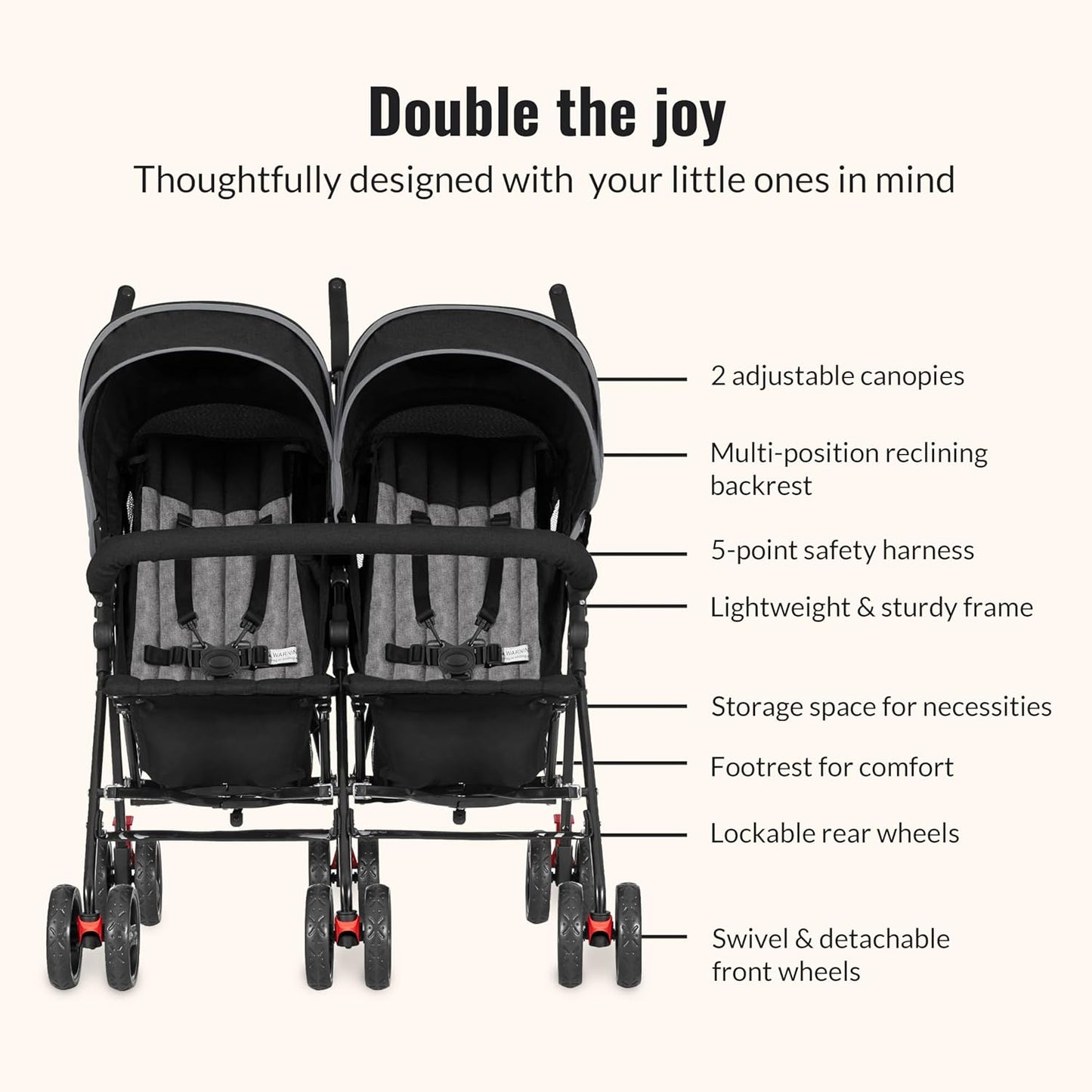 Dream On Me Volgo Twin Umbrella Stroller in Black, Lightweight Double Stroller for Infant & Toddler, Compact Easy Fold, Large Storage Basket, Large and Adjustable Canopy