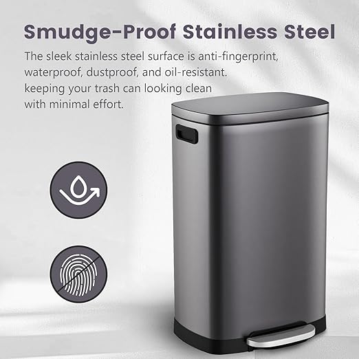 ELPHECO Kitchen Trash Can with Lid Soft Close, 13 Gallon / 50L Stainless Steel Pedal Garbage Can, Heavy-Duty Step Wastebasket with 20 Bags, Removable Bucket, Home Office, Titanium Black