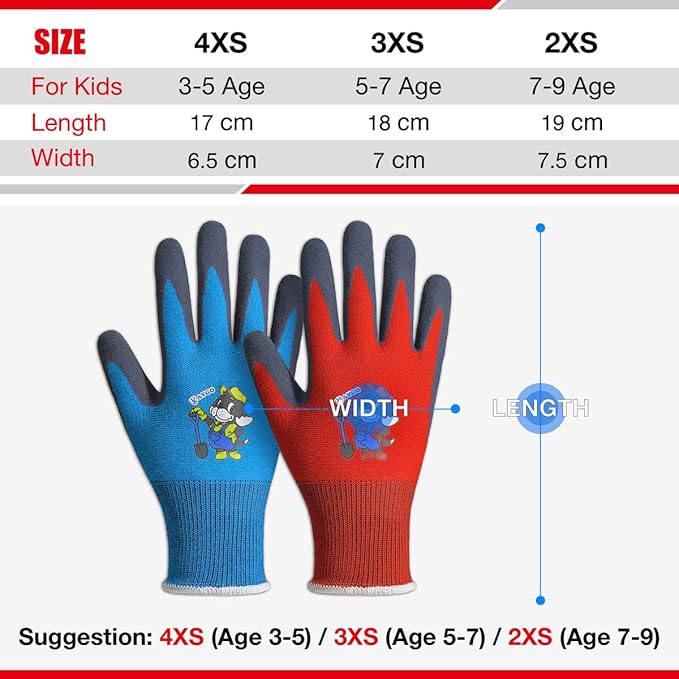 KAYGO Kids Gardening Gloves 4 Pairs - Polyester Seemless knitted with Latex Sandy Finish Coating, KGKID100, Ideal for kids gardening, DIY,Light duty works, and outdoor activities (XXS (Age 7-9))