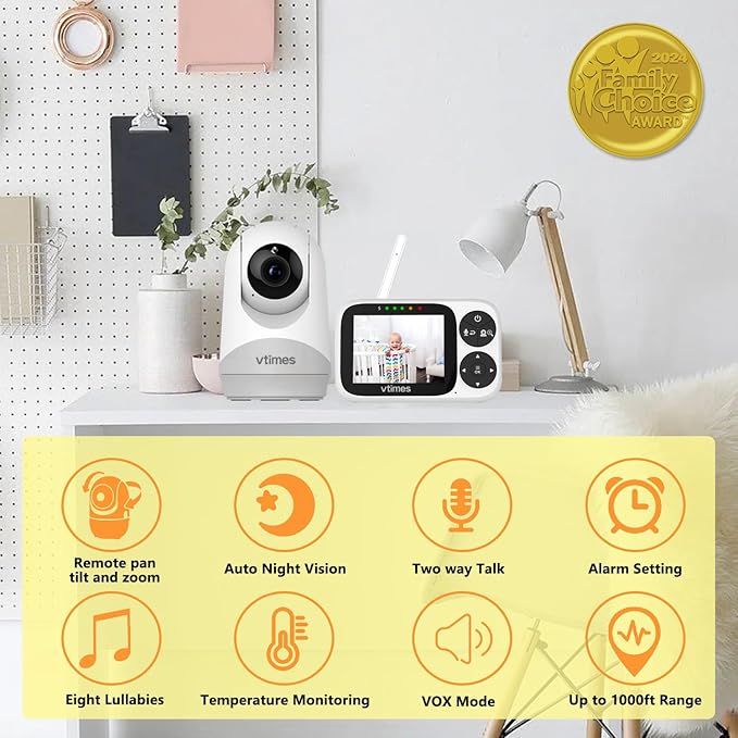 Baby Monitor with Camera and Audio, 3.2" IPS Screen Video Baby Monitor No WiFi Night Vision, Portable Baby Camera VOX Mode Pan-Tilt-Zoom Alarm and 1000ft Range, Ideal for Baby/Elderly/Pet