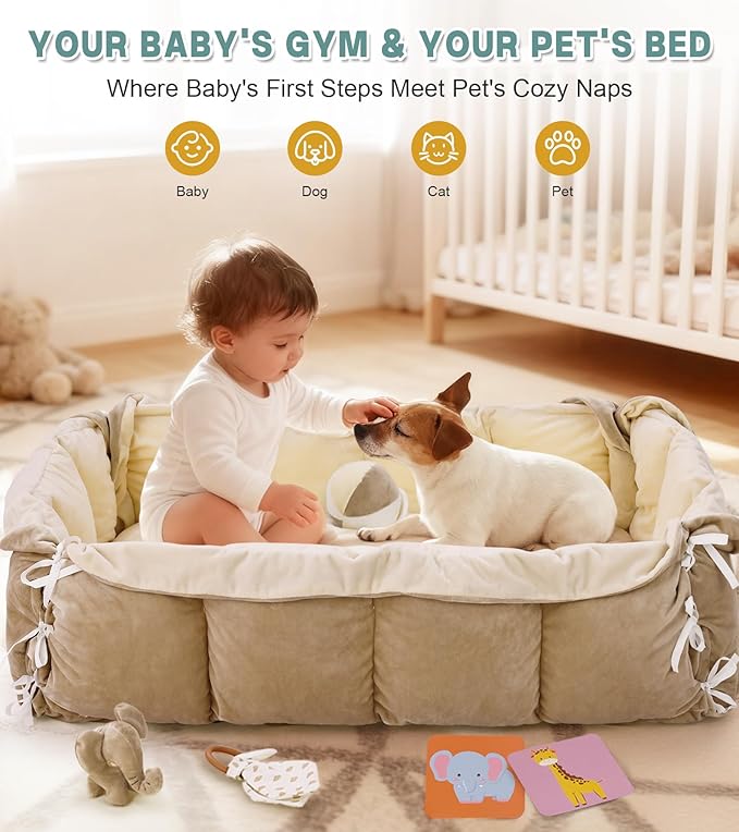 5-in-1 Baby Play Gym and Tummy Time Mat, Tummy Time Pillow & 12 Learning Cards, Plush Activity Mat with 6 Toys, Baby Gym, Convertible to Ball Pit & Pet Bed, Baby Gift, Cream