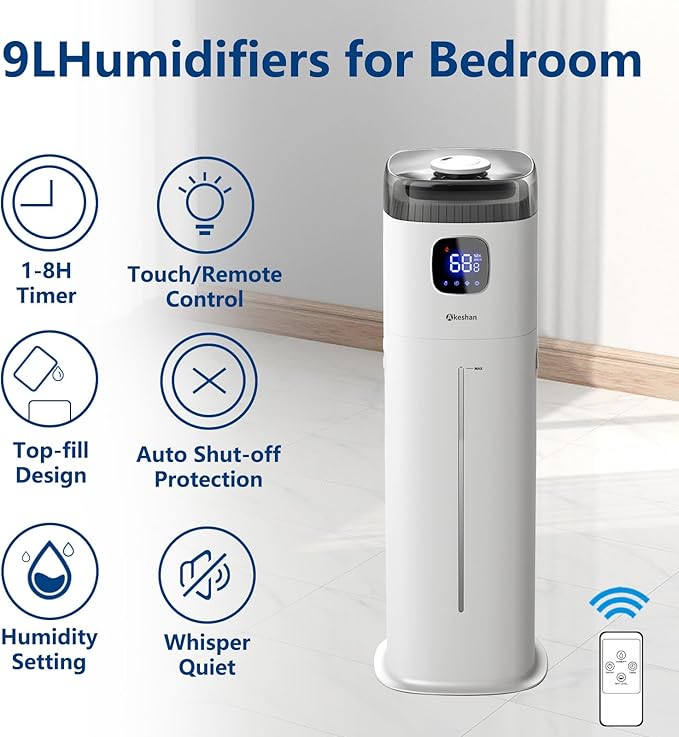 Large Humidifiers for Bedroom, 9L/2.5Gal Ultrasonic Cool Mist, Easy Clean Humidifier with 350ML/H Large Mist Speed, Quiet, Suitable for Kids Room Plant Yoga (Square B)