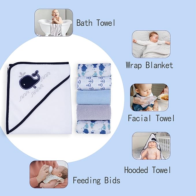 Viviland Baby Towels and Washcloths, Soft Absorbent Baby Boy Bath Towel Set, Whale Hooded Towels with 5 Infant Washcloths (6 Pieces)