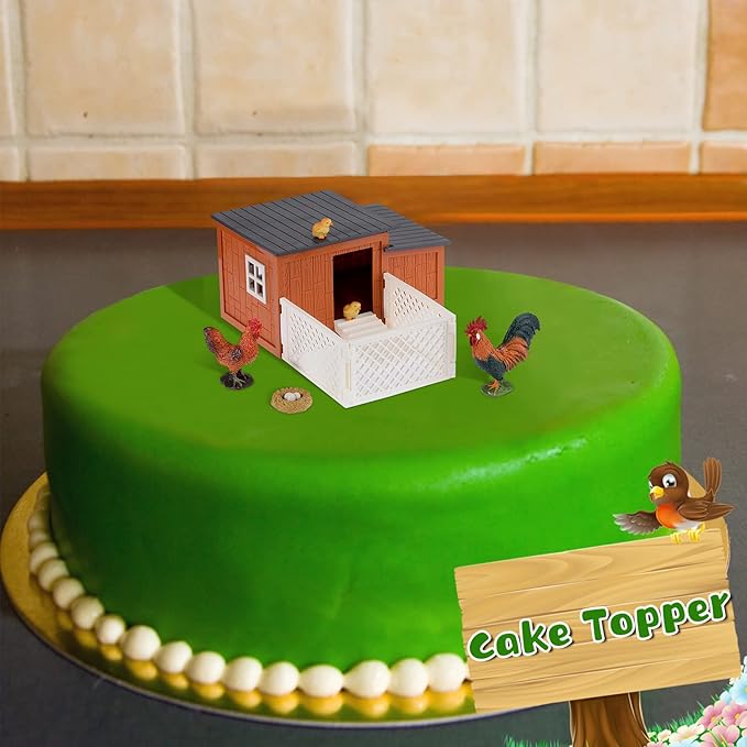 Skylety 9 Pieces Easter Chicken Figurine Chicken Model Playset Farm Action Figures Fences Around Building Blocks Farm Coop Set Birthday Party Present Animal Christmas Easter Gift