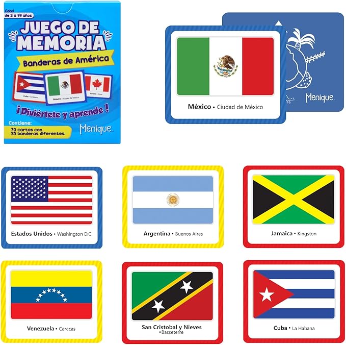 Menique Flags of The Americas Memory Matching Game – Spanish Edition – 70 Cards (35 Pairs) with Flags, Countries & Capitals – Educational Matching Game in Spanish for Kids and Adults