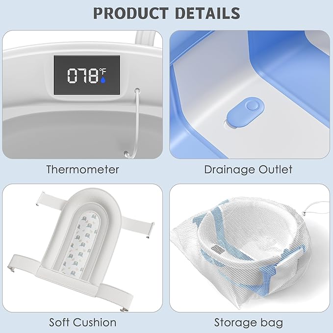 Collapsible Baby Bathtub for Newborn to Toddler 0-36 Months,Spacious Foldable Infant Bath Tub with Thermometer,Cushion & Drain Hole,Portable Travel Tub, Baby Shower Gift Blue