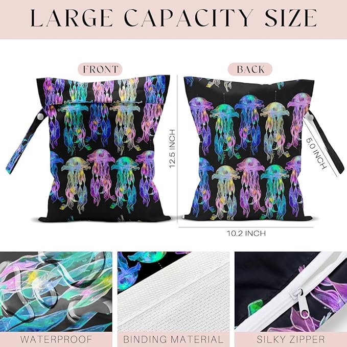 Waterproof Wet Bag for Swimsuit, Travel Beach Wet Dry Bag, Hidden Zipper Reusable Jellyfish Wet Bags, for Travel Beach Wet Swimsuits Toiletries Diapers Dirty Gym Clothes Laundry Bag