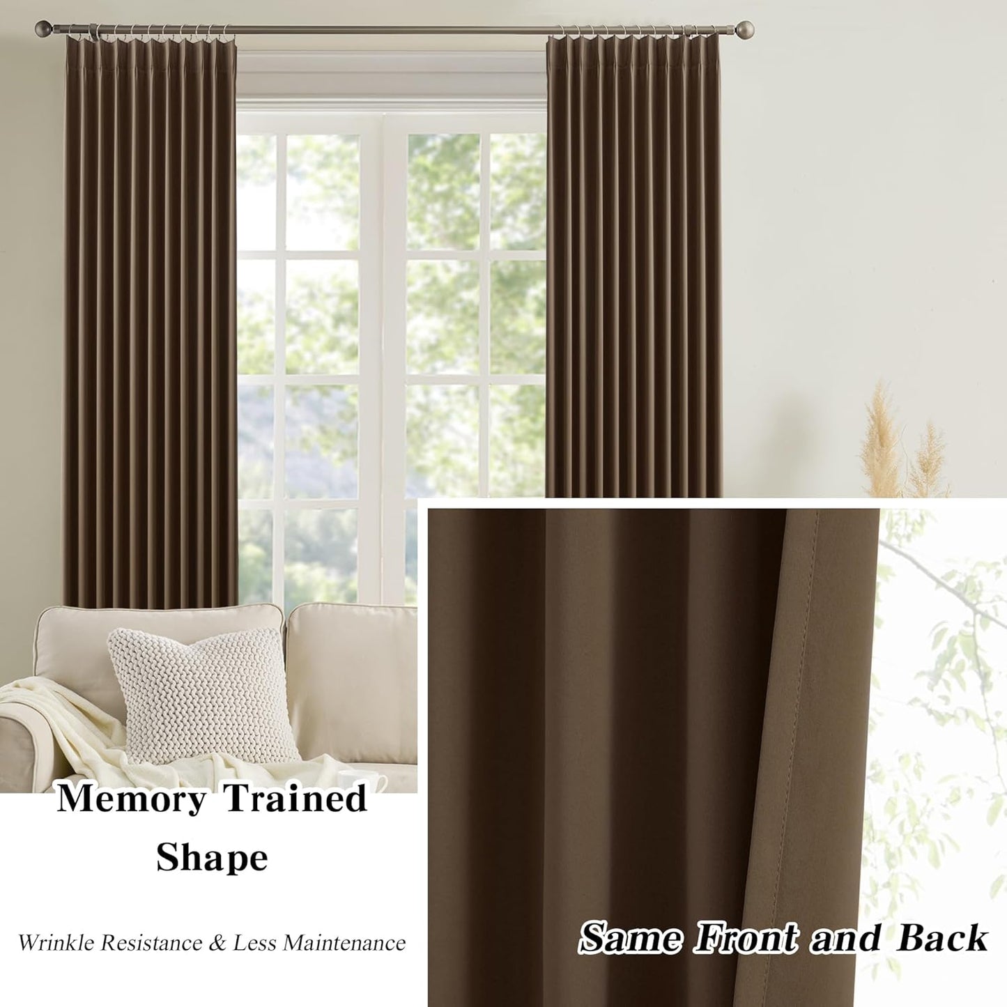 KEQIAOSUOCAI Chocolate Brown Blackout Curtains 108 Inches Long 9 feet Tall, Extra Long Pinch Pleats Living Room Curtains Thermal Pleated Curtains Panels Drapery for Villa, 40" W x 108" L, Set of 2