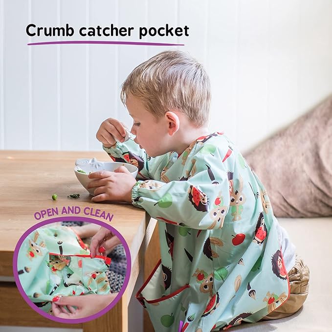 Tidy Tot - Long Baby Bib - Mess Proof Long Sleeve Feeding Smock with Large Food Catcher Pocket - Waterproof Bib