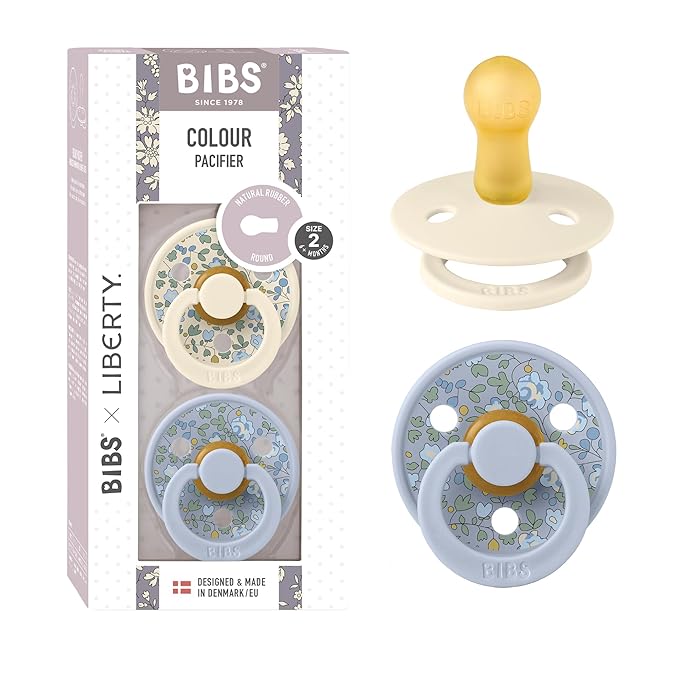 BIBS Colour Liberty Soother 2-Pack, BPA Free Dummy Pacifier, Round Nipple. Natural Rubber Latex, Made in Denmark, Size 2 (6-18 Months), Eloise Dusty Blue