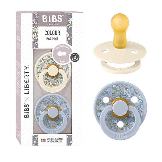 BIBS Colour Liberty Soother 2-Pack, BPA Free Dummy Pacifier, Round Nipple. Natural Rubber Latex, Made in Denmark, Size 2 (6-18 Months), Eloise Dusty Blue