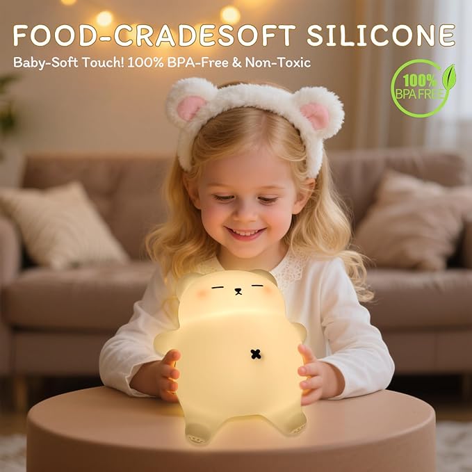 Bear Night Light for Nursery, Rechargeable Soft Silicone Baby Night Lamp with 3-Level Dimming, Touch Control, 30-Min Timer & Soothing Snore Sound, Moving Tummy, Cute Sleepy Bear Kids Bedroom Decor