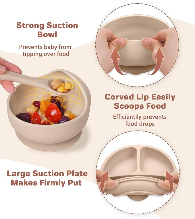 ECLIP Silicone Baby Feeding Set,10 Pcs Baby Led Weaning Supplies Baby Eating Essentials Set with Suction Bowl Divided Plate Adjustable Bib Soft Spoon Fork Cup with Lid Drinking Cup, Travel Bag (Beige)