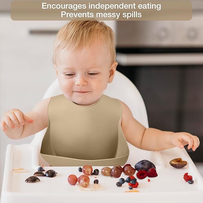 Baby Feeding Set 10-Piece | Baby Led Weaning Utensils Set Includes Suction Bowl and Plate, Baby Spoon and Fork, Sippy Cup, Straw, Lid & 2Bibs | Baby Feeding Supplies (B-Beige)