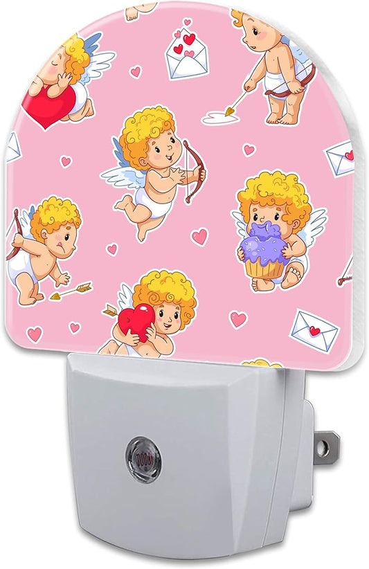 Valentine's Day Cupids with Bows Night Light for Kids,Cute Little Angels with Red Hearts Night Light Plug in with Dusk to Dawn Sensor,0.5w Energy Saving Nightlight for Hallway Stairway Kitchen Bedroom