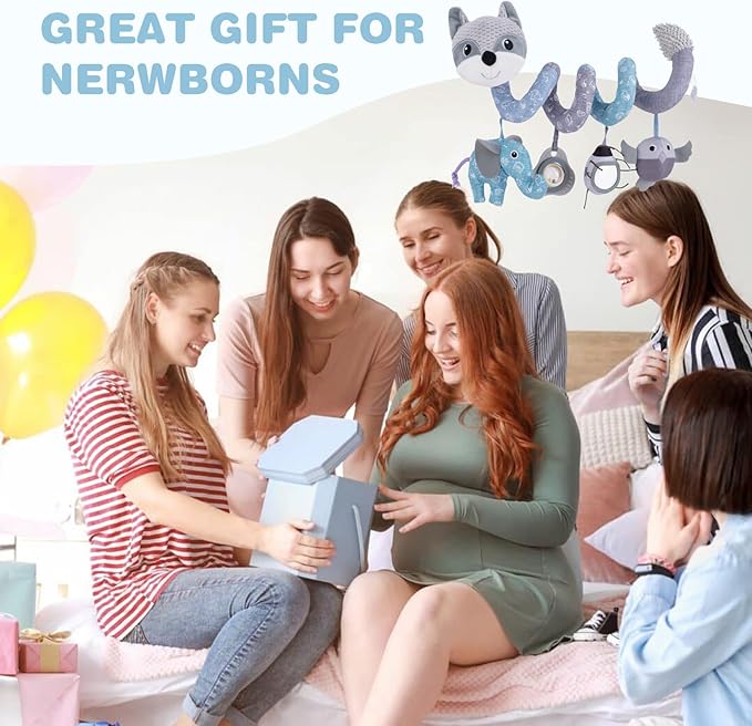 Jollybaby Crib Stroller Car Seat Toys for Baby 0-3-6-9-12 Months, Tummy Time Hanging Sensory Toys for Newborn with Music Box and Teether, Spiral Carseat Toy for Infant Boys Girls Gifts (12-Grey Fox)