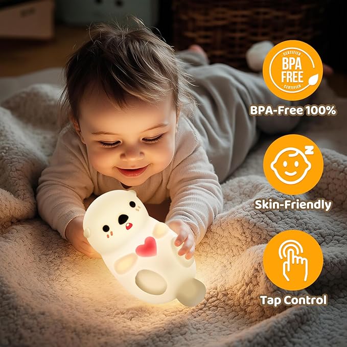 Huggwaii Upgrade Otter Night Light for Kids – Cute Silicone Squishy Kids Night Light, Dimmable & Rechargeable LED Otter Lamp, 1200mAh Battery, Soft Nursery Nightlight for Toddler Room Decor & Gifts