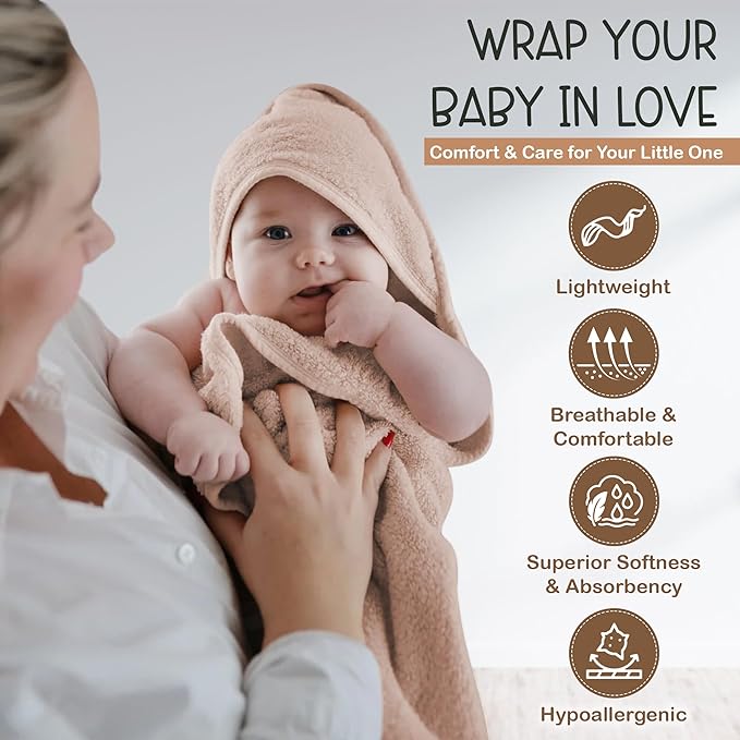 Organic Cotton Plush Woven Hooded Baby Towels, 31x31 Inches, Plush Bath Towels with Hood for Newborns and Kids, Girls & Boys (Blush, 31.4" L x 31.4" W)