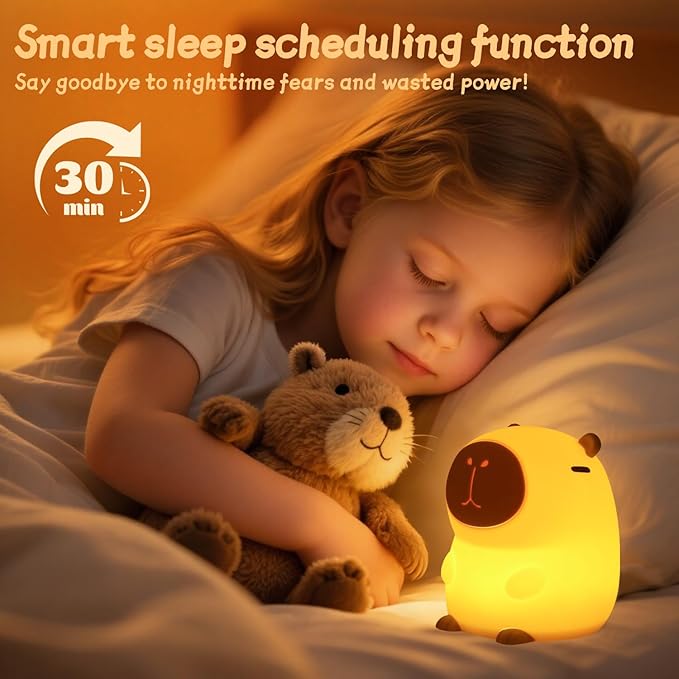 Capybara Night Light for Kids, Squishy Lamp, 1200mAh Long-Lasting Battery, Rechargeable Touch Control, Dimmable with 30-Min Timer, Capybara Gifts for Nursery Halloween Bedroom Decor