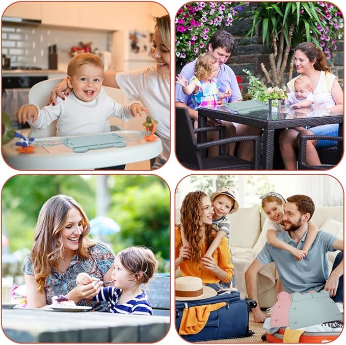 Picowe 2 Pack Silicone Suction Placemats for Babies with 8 Elastic Straps, Non-Slip Toddler Placemats for Dining Table, High Chair, Restaurant Use - Pink & Green