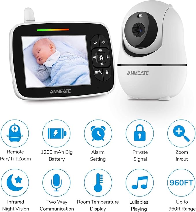 ANMEATE Baby Monitor with Remote Pan-Tilt-Zoom Camera,Large Display Video Baby Monitor with Camera and Audio |Infrared Night Vision |Two Way Talk | Room Temperature| Lullabies and 960ft Range（Black）