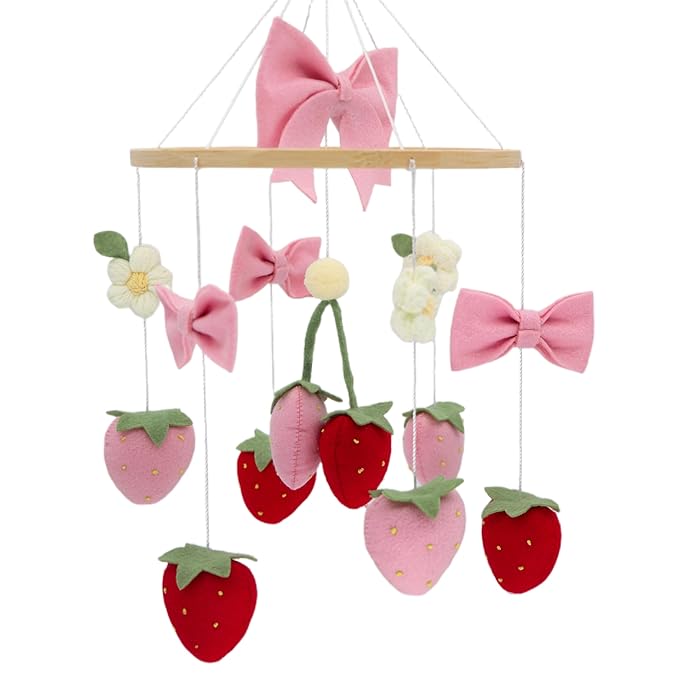 Strawberry Mobile for Crib Handmade Felt Nursery Decor Crib Mobile Goose for Bassinet Baby Shower Newborn Baby Gift (Bow Strawberry)