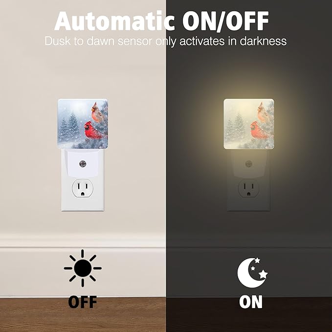Red Birds Night Light Winter Cardinal Birds Plug in Night Lights LED Lamp with Dusk to Dawn Sensor Auto Energy Saving Square Lights for Bedroom Bathroom Hallway Home Wall Decor Nightlight