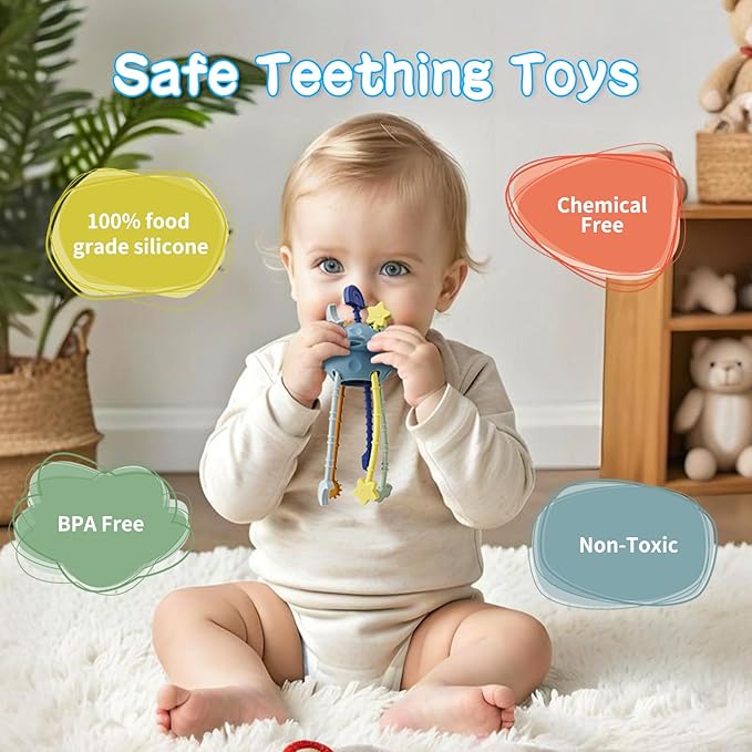 Food Grade Silicone Pull String Baby Toy, Montessori Pull String Sensory Toy for 6-12-18 Months Babies Teething Toys,Toddler Fidget Toys Birthday Gift for Infant/Toddler
