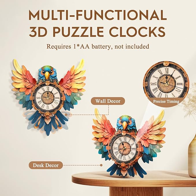 3D Puzzle for Adults Clock - Parrot Wall Clock Design Model Kit-Mechanical DIY Pendulum Clock with Roman Numerals- Desk Home Office Decor Personalized Gift for DIY Lovers