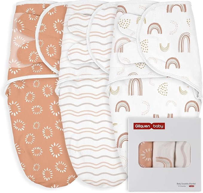 GLLQUEN BABY Swaddles for Newborn - 3 Pack Swaddle 0-3 Months, for Newborn Baby Boys and Girls, Soft Swaddle Blanket Wrap, Easy Change, Rainbow & Wave
