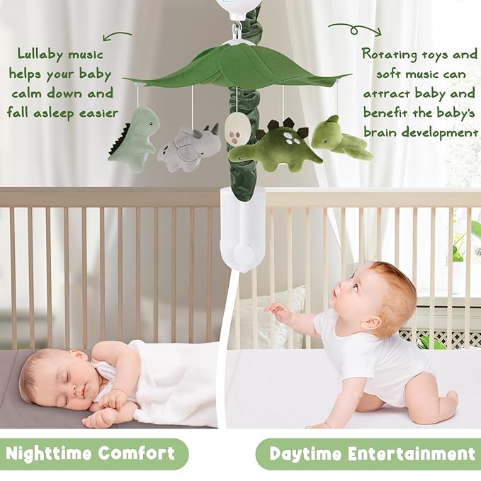 Dinosaur Crib Mobile – Grey and Green Dino Baby Crib Mobile with 3-Mode Music Box, Jurassic Dreams Baby Mobile for Boys & Girls, Nursery Mobiles, Fits Standard Cribs