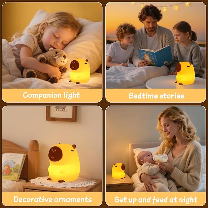 Capybara Night Light for Kids, Squishy Lamp, 1200mAh Long-Lasting Battery, Rechargeable Touch Control, Dimmable with 30-Min Timer, Capybara Gifts for Nursery Halloween Bedroom Decor