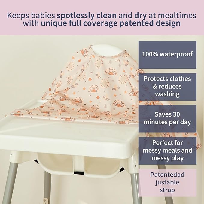 Long Sleeve Baby Bib - Mess-Proof Feeding Bibs for Babies - Adjustable, Waterproof, and Highchair/Table Attachment