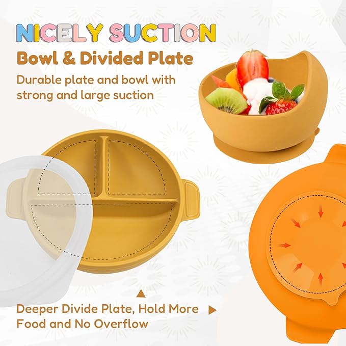 Silicone Baby Feeding Set - Perfect silicone plates for baby & Toddler Plates with lid, Baby Bowls with Suction, Baby Utensils - Baby Led Weaning Supplies & Eating Essential - (Yellow)