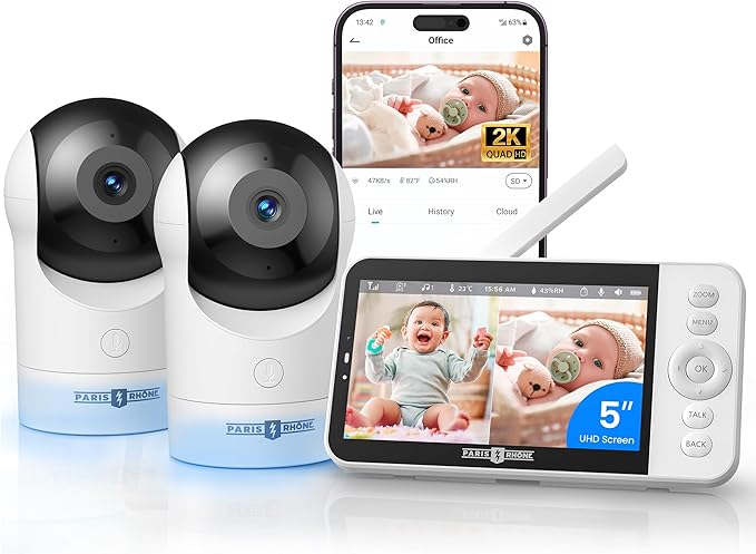 PARIS RHÔNE 2K Split-Screen Baby Monitor, 5” Smart Video Baby Monitor with 2 Cameras, Dual WiFi Cameras with App Control, Night Vision, Motion & Cry Alerts, Auto Tracking, RGB Night Light, Lullabies