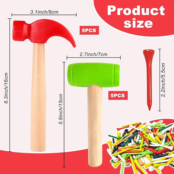 10 Pcs Kids Wooden Hammer Toy with 100 Pcs Colorful Wood Golf Tees, Small Plastic Hammer Simulation Hammers Educational Toys for Children Gift Birthday Party (Red and Green)